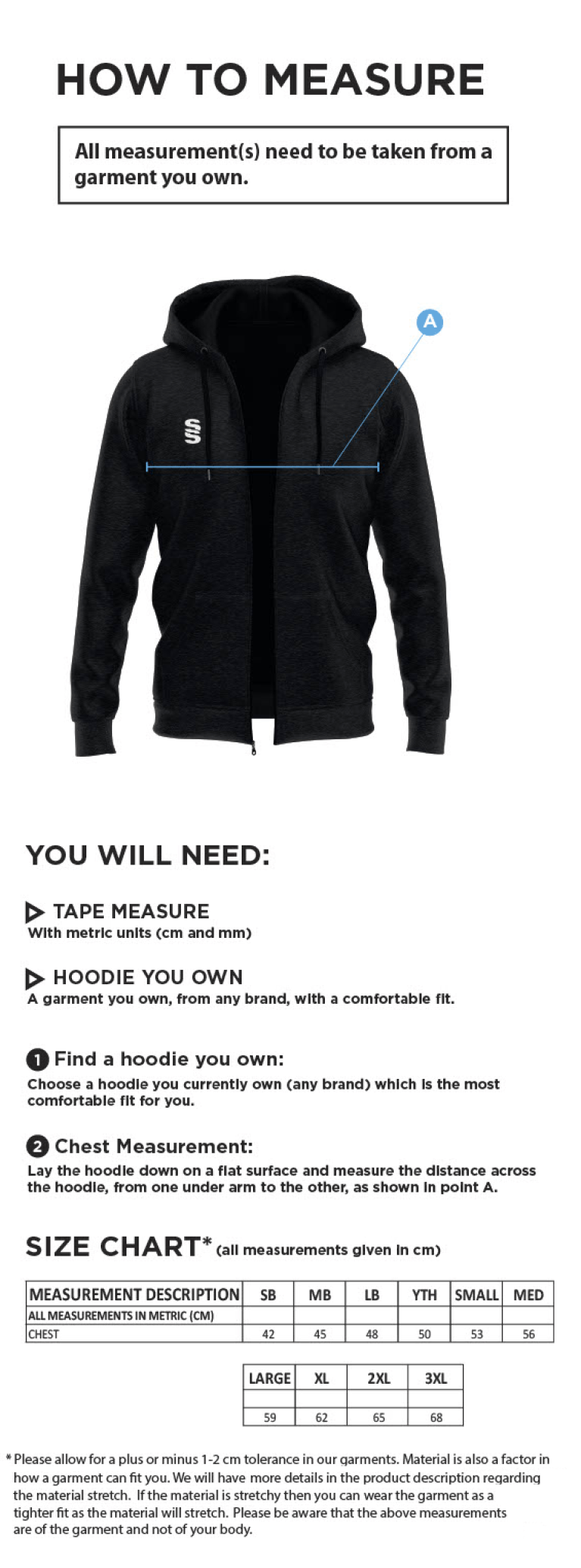 Smethwick Athletic - Dual Full Zip Hoody - Black - Size Guide