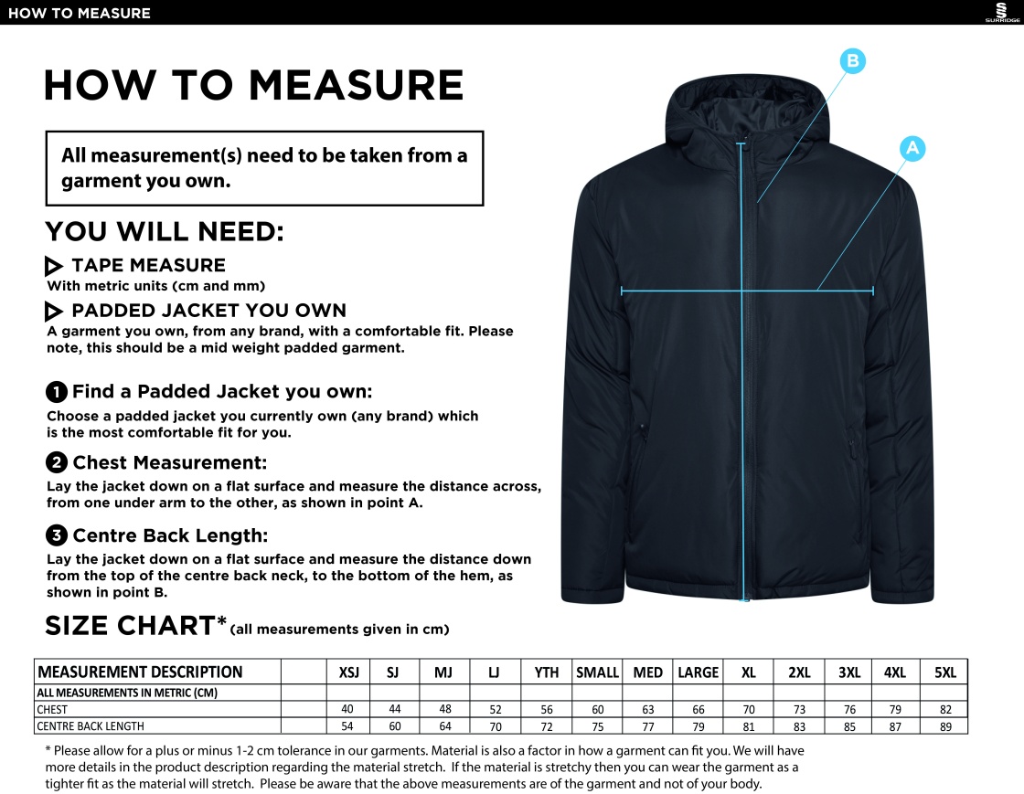 Smethwick Athletic - Active Padded Jacket - Size Guide