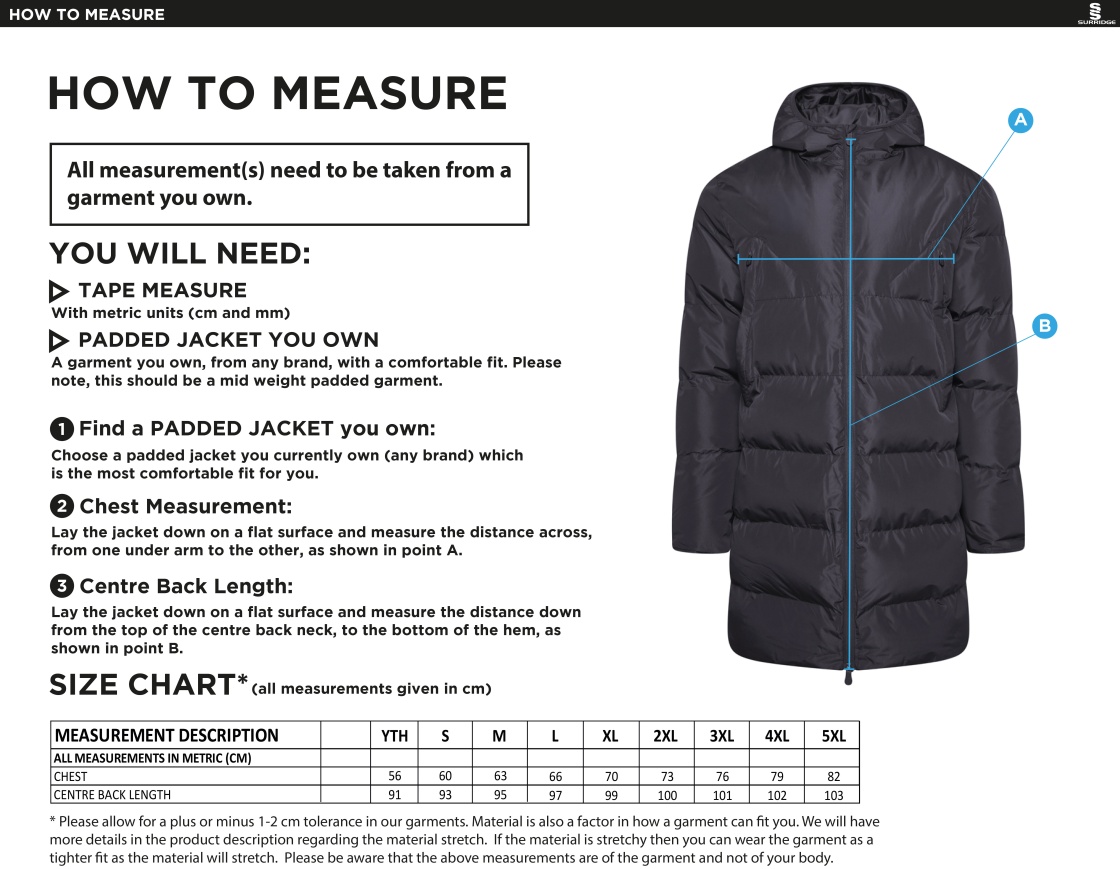 Smethwick Athletic - Active Long Padded Jacket - Size Guide
