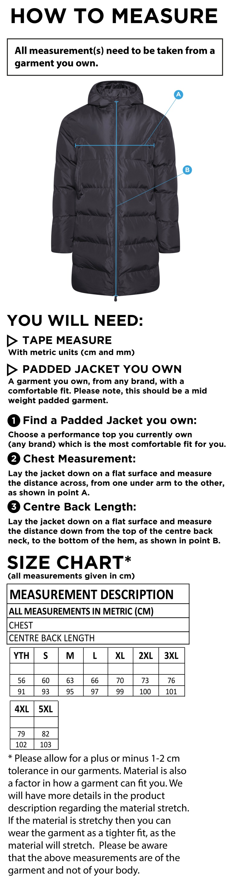 Smethwick Athletic - Active Long Padded Jacket - Size Guide