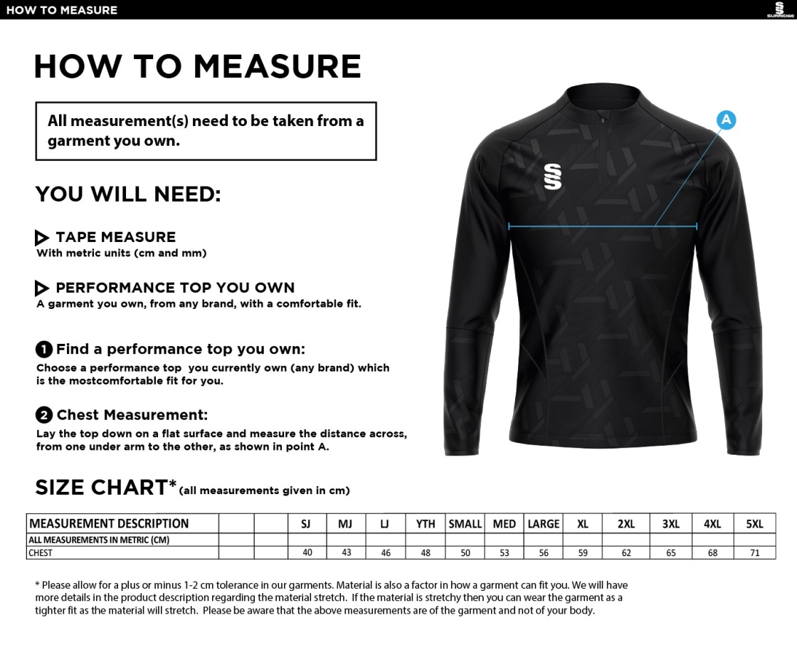 Smethwick Athletic - Impact 1/4 Zip Performance Top - Red - Size Guide